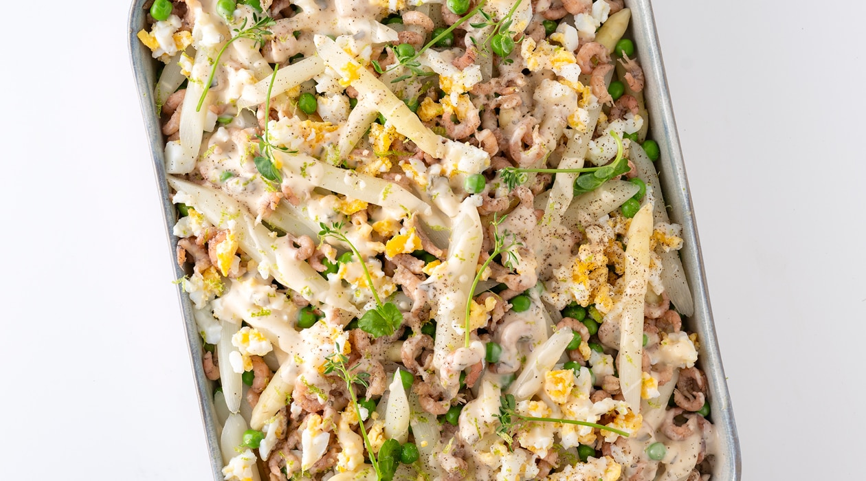 Salade met witte asperges, erwten en garnalendressing – - Recept 